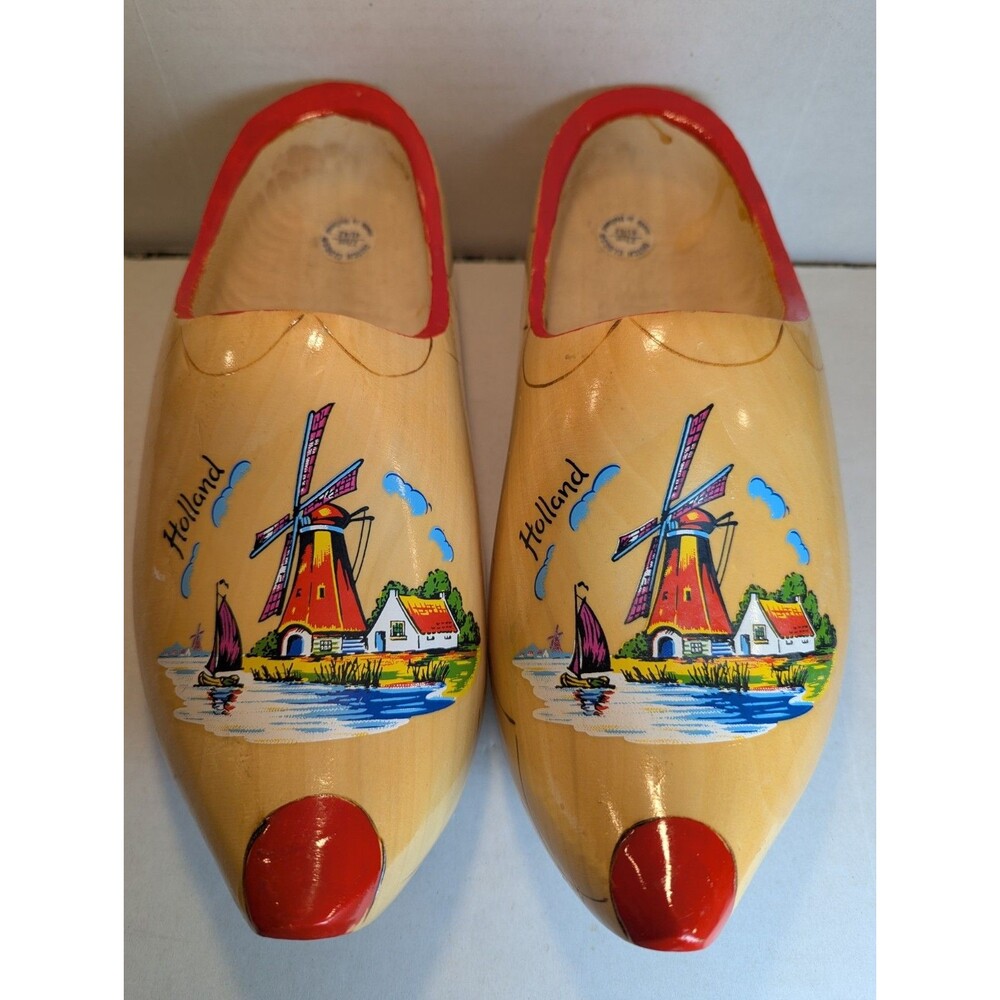 Vintage Dutch Wooden Shoes Clogs Holland Windmill Hand Painted Size 27cm Yellow